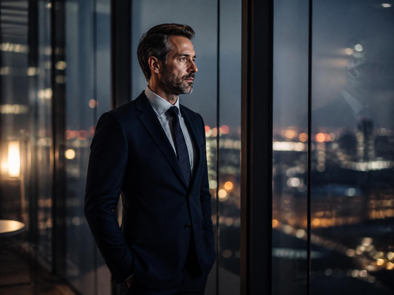 Business director looking out over the London skyline at dusk
